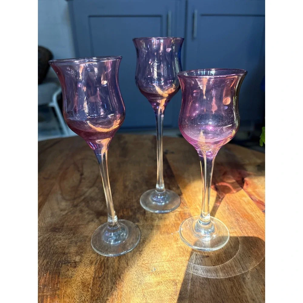 Set of 3 Amethyst Purple Iridescent Cordial Glasses Tulip Stemware Partylite